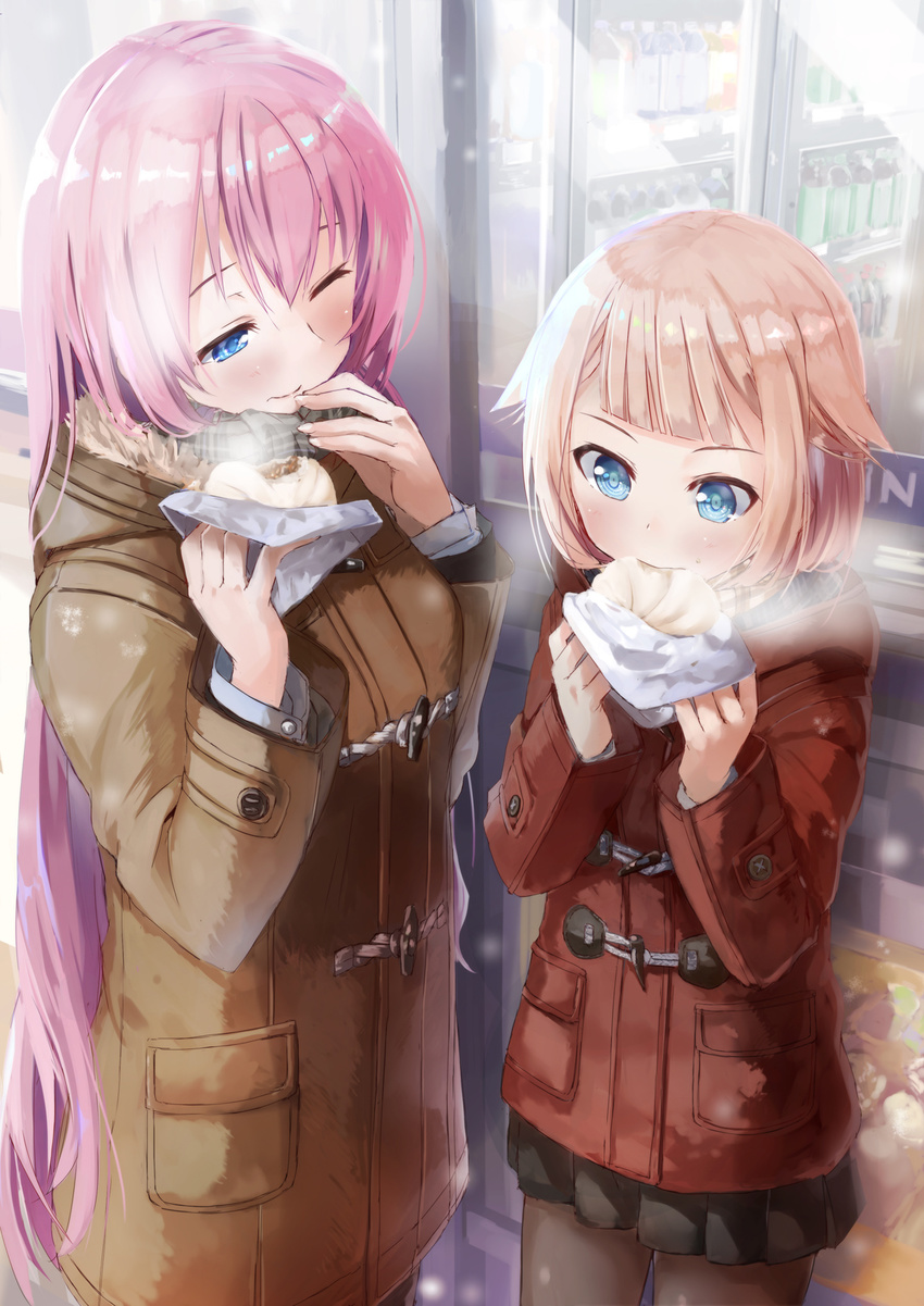 bangs baozi black_legwear black_skirt blonde_hair blue_eyes breath brown_coat cevio check_commentary coat cold commentary_request convenience_store crossover daidou_(demitasse) eating enpera food fur-trimmed_coat fur_trim hair_between_eyes hair_flaps highres holding holding_food long_hair megurine_luka multiple_girls one_(cevio) one_eye_closed pantyhose pink_hair pleated_skirt red_coat scarf shiny shiny_hair shop skirt standing vocaloid