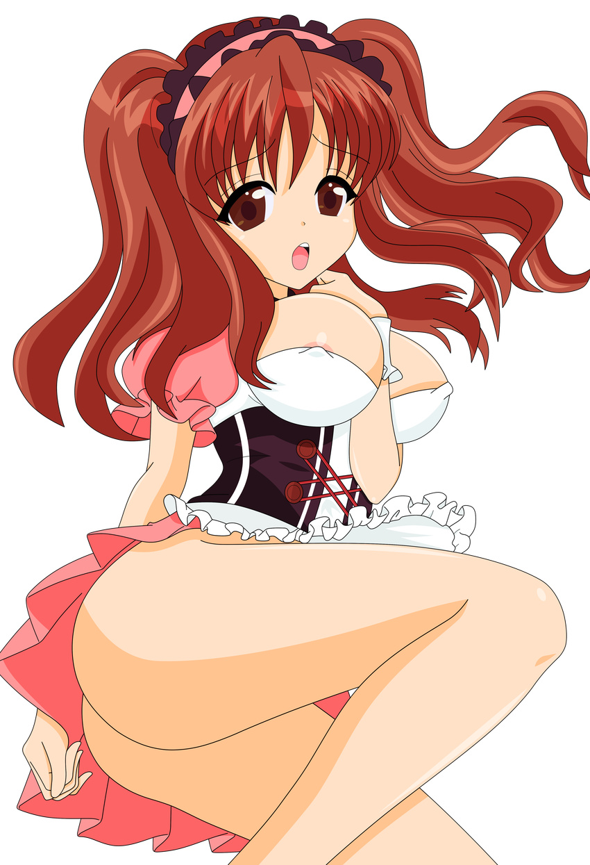 1girl absurdres all_fours asahina_mikuru breasts brown_eyes brown_hair cosplay dress highres large_breasts legs long_hair maid miniskirt open_mouth short_dress short_twintails shy skirt suzumiya_haruhi_no_yuuutsu thighs twintails vector_trace waitress