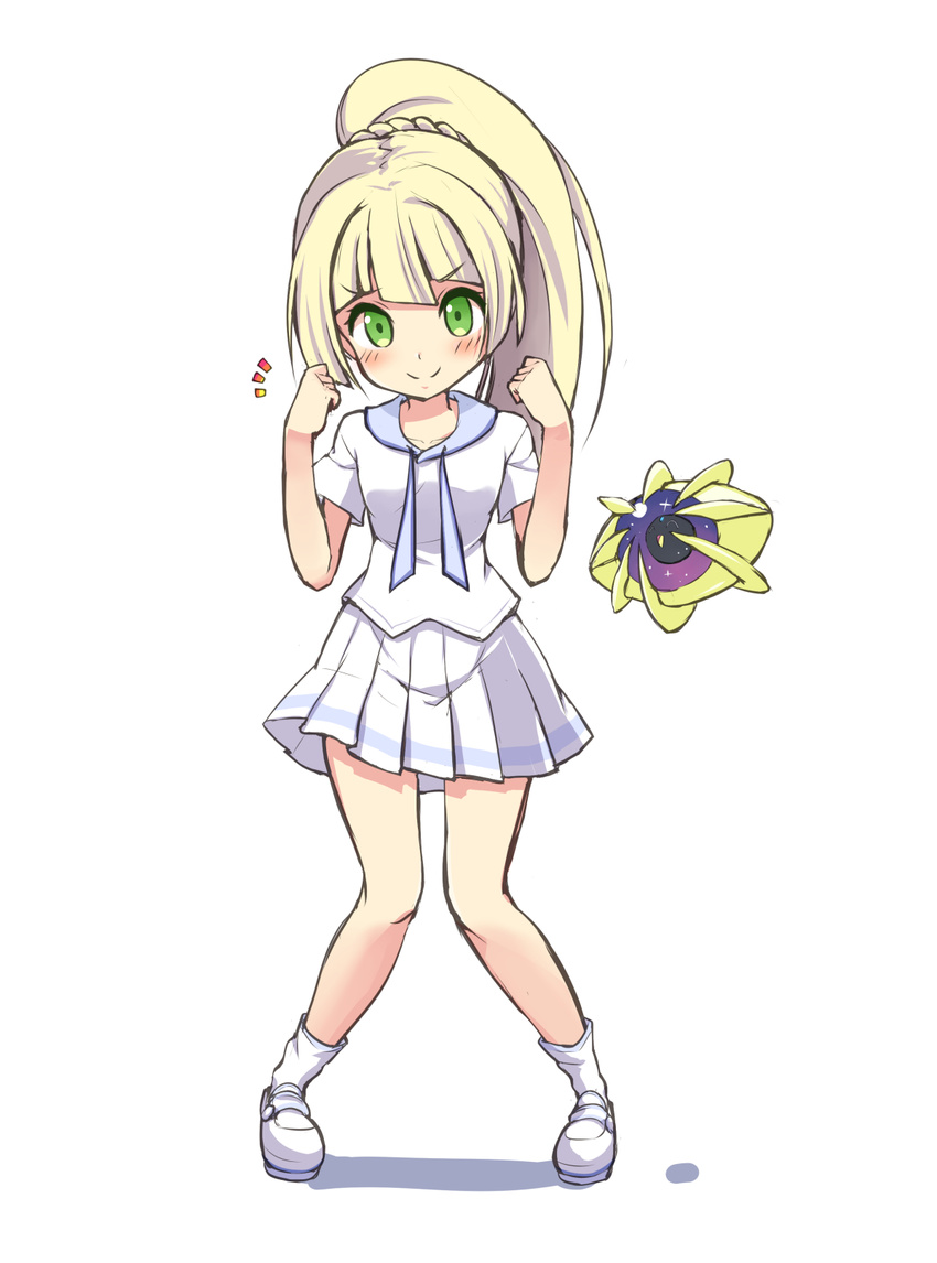 blonde_hair clenched_hands cosmoem gen_7_pokemon green_eyes highres knees_together_feet_apart lillie_(pokemon) long_hair mary_janes pokemon pokemon_(creature) pokemon_(game) pokemon_sm ponytail shirt shoes skirt smile socks spoilers tenjou_ryuka very_long_hair