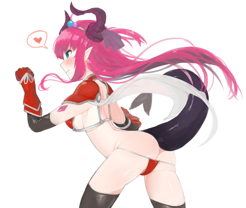 arched_back armor ass back bangs bikini bikini_armor black_gloves black_legwear blue_eyes blush breasts cape choker closed_mouth curled_horns dragon_girl dragon_horns dragon_tail earrings elbow_gloves elizabeth_bathory_(brave)_(fate) elizabeth_bathory_(fate)_(all) eyebrows eyebrows_visible_through_hair fang fate/extra fate/extra_ccc fate/grand_order fate_(series) from_side gauntlets gloves groin hand_up heart highres horns jewelry legs_apart long_hair lowleg lowleg_bikini mico_(youngchan90) oversized_clothes pauldrons paw_pose pink_hair pointy_ears profile purple_hair red_armor red_bikini red_choker shoulder_armor shoulder_blades sideboob sidelocks silver_trim simple_background small_breasts solo spoken_heart string_bikini swimsuit tail tears thighhighs thighs tiara vambraces white_background white_cape