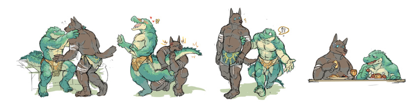 &lt;3 abs anthro biceps black_nose blue_eyes blush brown_fur canine clothed clothing crocodile crocodilian dog doublebite_(artist) duo eyes_closed food fur green_scales league_of_legends male male/male mammal muscular muscular_male nasus_(lol) nipples pecs renekton reptile scales scalie simple_background smile tongue topless video_games white_background
