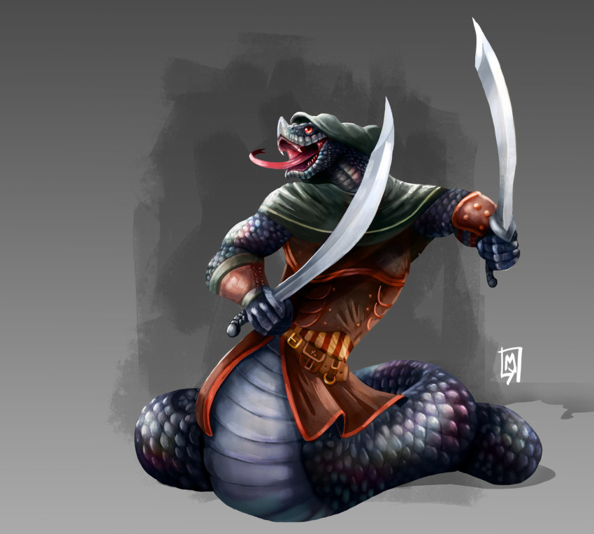 ambiguous_gender anthro armor bottomless clothed clothing dual_wielding dungeons_&amp;_dragons fangs forked_tongue grey_background holding_object holding_weapon hood jaegerpilotmax melee_weapon naga open_mouth red_sclera reptile scales scalie scimitar serpentine simple_background snake solo sword teeth tongue tongue_out vambraces vokun_(nahl-dinok) weapon yuan-ti yuan-ti_abomination