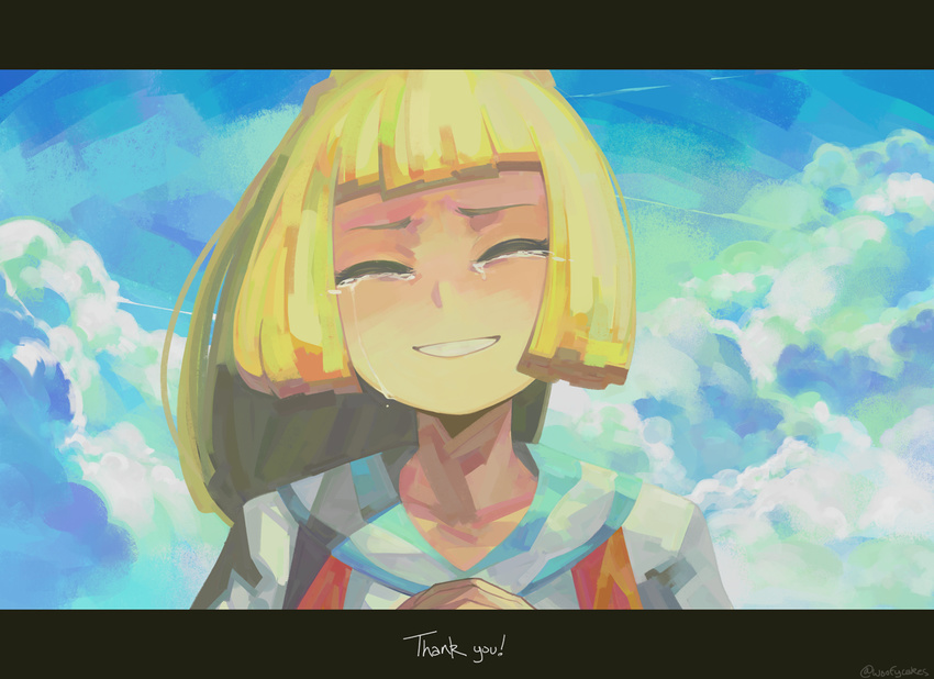 bangs blonde_hair blue_sky blunt_bangs closed_eyes cloud cloudy_sky crying day eric_muentes lillie_(pokemon) long_hair outdoors pokemon pokemon_(game) pokemon_sm ponytail shirt short_sleeves sky smile solo spoilers streaming_tears tears thank_you upper_body white_shirt