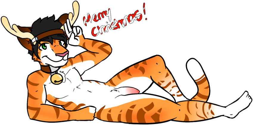 antlers bell black_hair brown_stripes carrus christmas clothing collar fake_antlers feline fur green_eyes hair holidays horn looking_at_viewer male mammal orange_fur pantherine penis pink_nose pose smile solo stripes text tiger white_fur