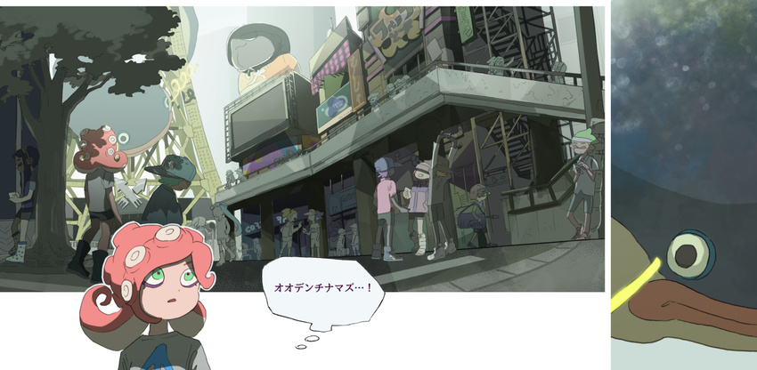 6+girls akashi_(sorobochi) backwards_hat bad_id bad_tumblr_id baseball_cap beret bike_shorts blue_hair building city comic denchinamazu green_eyes green_hair hanten_(clothes) hat headband inkling katou_(osoraku) kobushime_(sorobochi) multiple_boys multiple_girls octarian octoling red_hair shirt shoes short_hair sneakers splatoon_(series) splatoon_1 t-shirt television tentacle_hair topknot tower translated