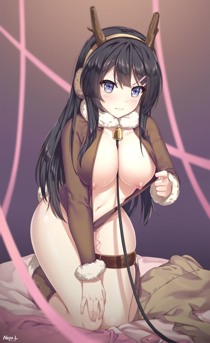 1girl antlers artist_name bangs bare_chest bare_legs bed bell bell_collar between_breasts black_hair blue_eyes blush boots breasts brown_jacket collar commentary_request fur-trimmed_collar fur-trimmed_sleeves fur_trim hair_ornament hand_on_own_knee highres jacket jacket_pull kneeling large_breasts leash long_hair long_sleeves navel neps-l nipples object_insertion on_bed reindeer_antlers reindeer_tail sakurajima_mai seishun_buta_yarou shirt shirt_removed solo tail v-shaped_eyebrows white_bed_sheet