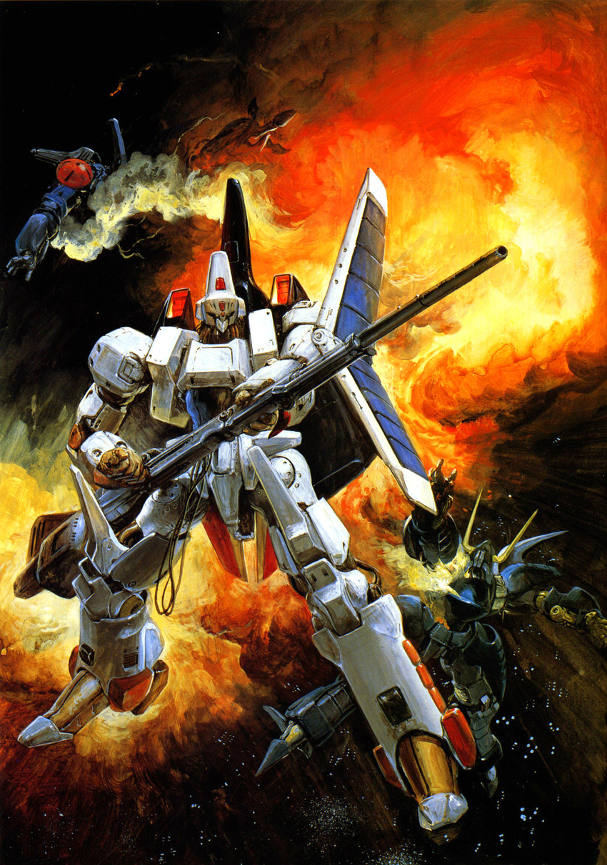 battle cable cannon cover damaged energy_cannon explosion fire flying full_body game_cover glowing glowing_eyes gun heavy_metal_l-gaim highres holding holding_gun holding_weapon horns l-gaim_mk_ii mecha no_humans official_art oldschool outstretched_arm production_art promotional_art realistic scan science_fiction severed_arm severed_limb shield smoke space star_(sky) takani_yoshiyuki traditional_media weapon yellow_eyes
