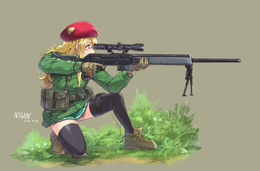 aiming beret black_legwear blonde_hair boots brown_gloves dated gloves grass green_eyes grey_background gun hat holding holding_gun holding_weapon long_hair military nyan_(themare) one_knee original pleated_skirt pouch psg-1 rifle simple_background skirt sniper_rifle solo thighhighs weapon