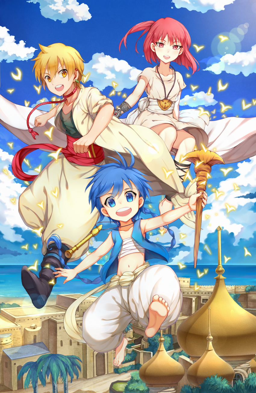 1girl 2boys aladdin_(magi) ali_baba_saluja bandage barefoot blonde_hair blue_eyes blue_hair blush boots braid breasts choukoukou_no_diaosi cloud commentary_request cross-laced_footwear day dress earrings feet flute highres holding holding_staff houses instrument jacket jewelry looking_at_viewer magi_the_labyrinth_of_magic midriff morgiana multiple_boys navel ocean one_side_up open_mouth red_eyes red_hair short_hair single_braid staff upper_teeth water weapon yellow_eyes
