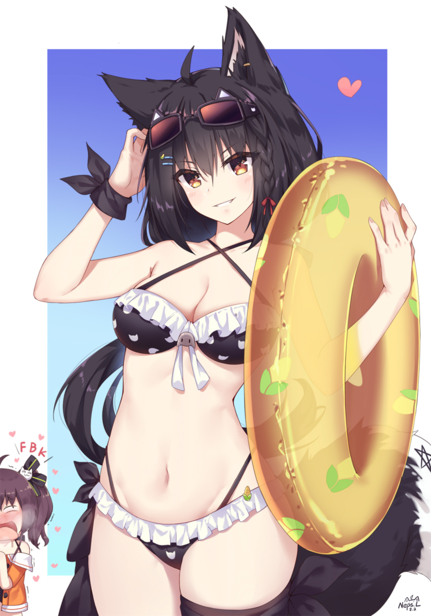 2girls :d ahoge animal_ear_fluff animal_ears arm_up bangs bare_arms bare_shoulders bikini black_bikini black_hair blush breasts brown_eyes brown_hair cat_hair_ornament cleavage collarbone criss-cross_halter drooling ear_piercing eyebrows_visible_through_hair eyewear_on_head fingernails green_innertube grin hair_between_eyes hair_ornament halterneck head_tilt heart heavy_breathing highres hololive innertube jacket looking_at_viewer multiple_girls natsuiro_matsuri navel neps-l nose_blush one_side_up open_mouth orange_jacket piercing shirakami_fubuki small_breasts smile solo_focus sunglasses swimsuit tail tongue tongue_out virtual_youtuber wolf_ears wolf_girl wolf_tail