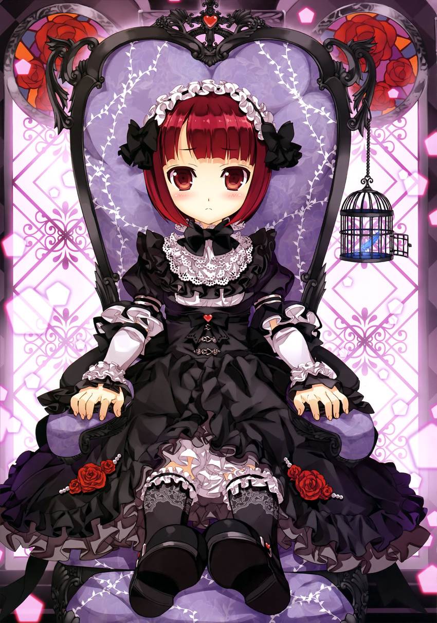 absurdres black_dress black_footwear black_legwear black_neckwear black_ribbon blue_feathers dress eyebrows eyebrows_visible_through_hair flower frilled_dress frills fujima_takuya gothic_lolita headdress highres lolita_fashion looking_at_viewer neck_ribbon petticoat red_eyes red_flower red_hair ribbon scan shoes short_hair sitting solo z/x