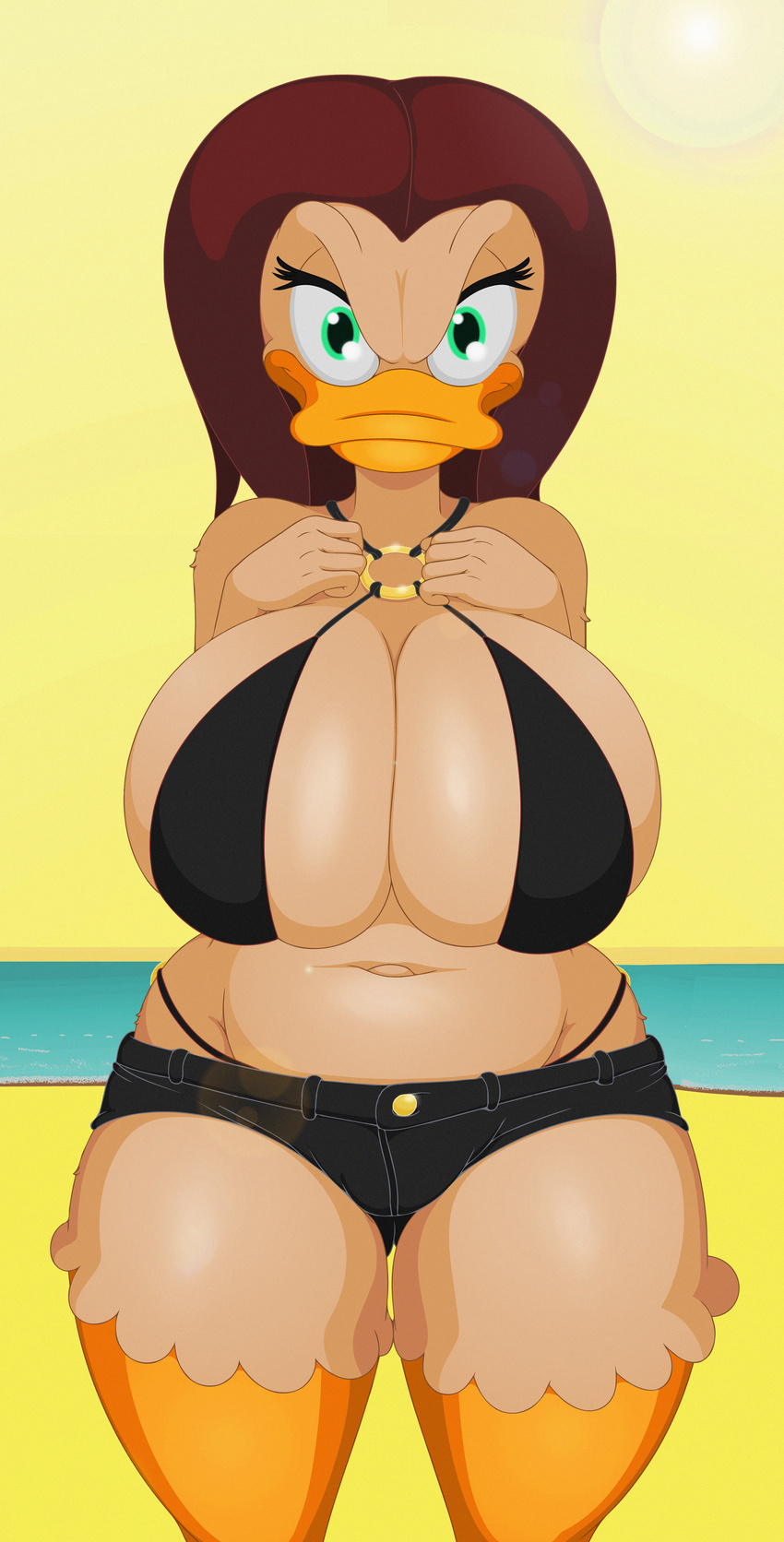2016 absurd_res anthro avian big_breasts bird breasts cleavage clothed clothing duck ducktits female hi_res huge_breasts navel solo