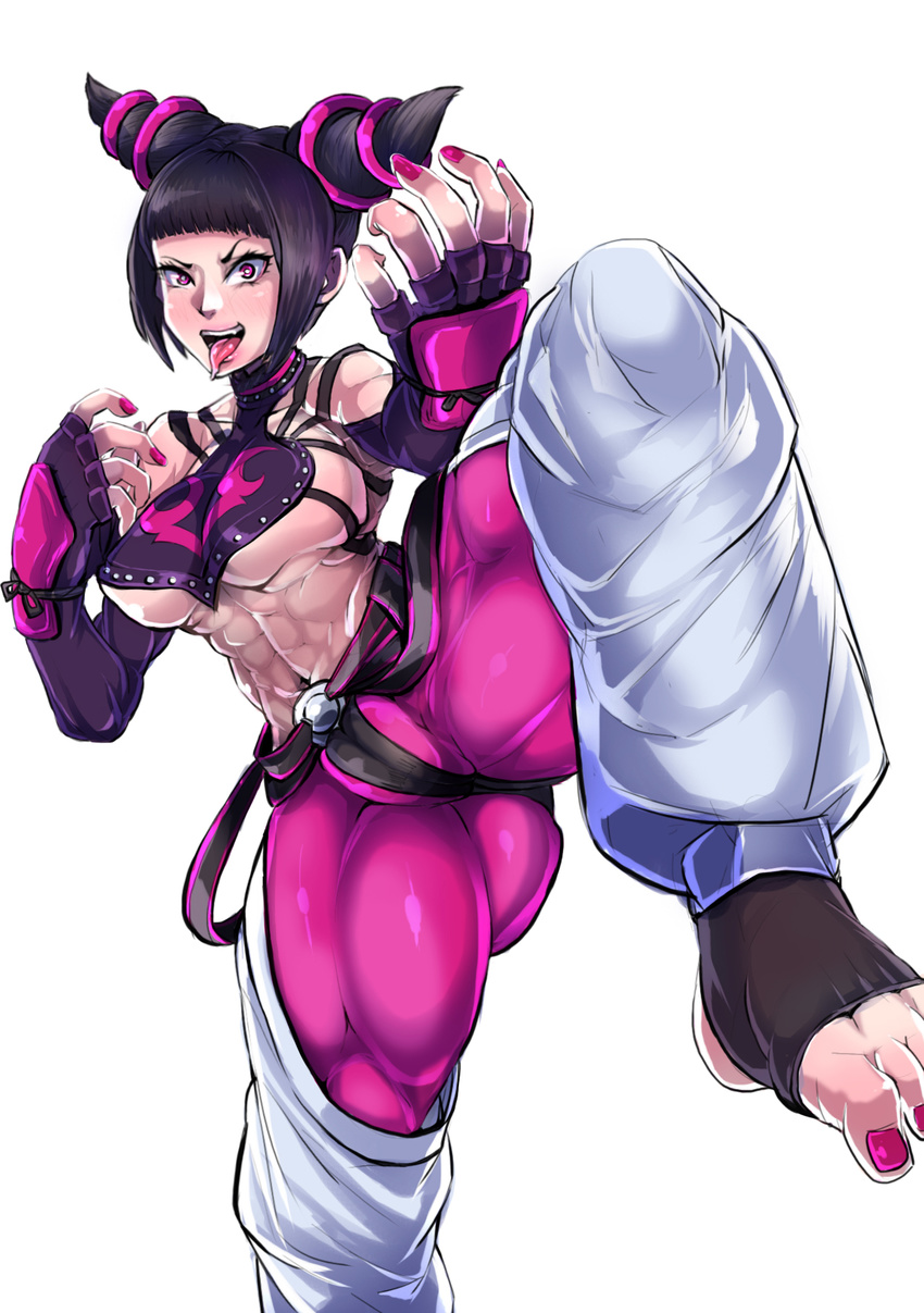 abs breasts bursting_breasts crotch detached_sleeves drill_hair erect_nipples fighting_stance fingerless_gloves halter_top halterneck han_juri large_breasts looking_at_viewer muscular_female navel one_leg_raised pink_nails sideboob smile standing_on_one_leg street_fighter_iv_(series) toned tongue_out twin_drills underboob