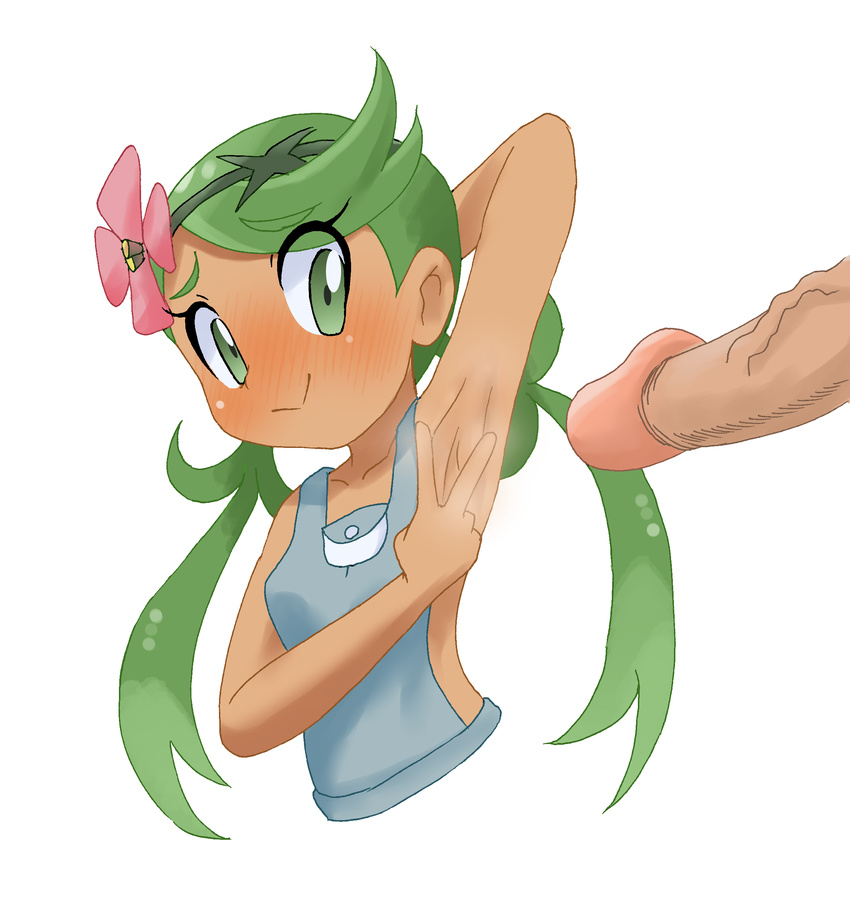 1girl armpit_sex armpits dark_skin flower green_eyes green_hair hair_flower hair_ornament kumogamikirby mao_(pokemon) npc_trainer penis pokemon pokemon_(game) pokemon_sm showing_armpits spread_armpit trial_captain twintails v