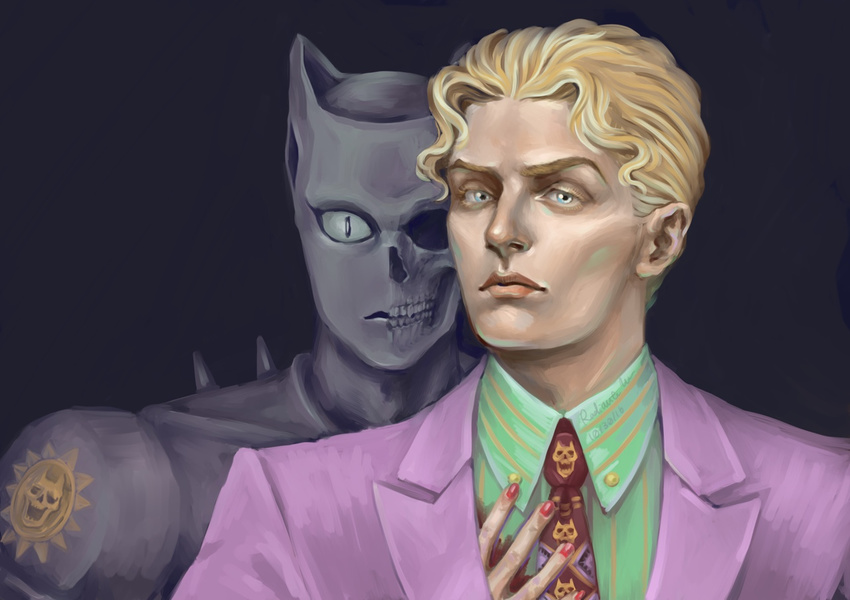 artist_name blonde_hair blue_eyes cheekbones dated diamond_wa_kudakenai formal jojo_no_kimyou_na_bouken killer_queen kira_yoshikage male_focus mikarugehelga nail_polish necktie red_nails signature stand_(jojo) suit upper_body