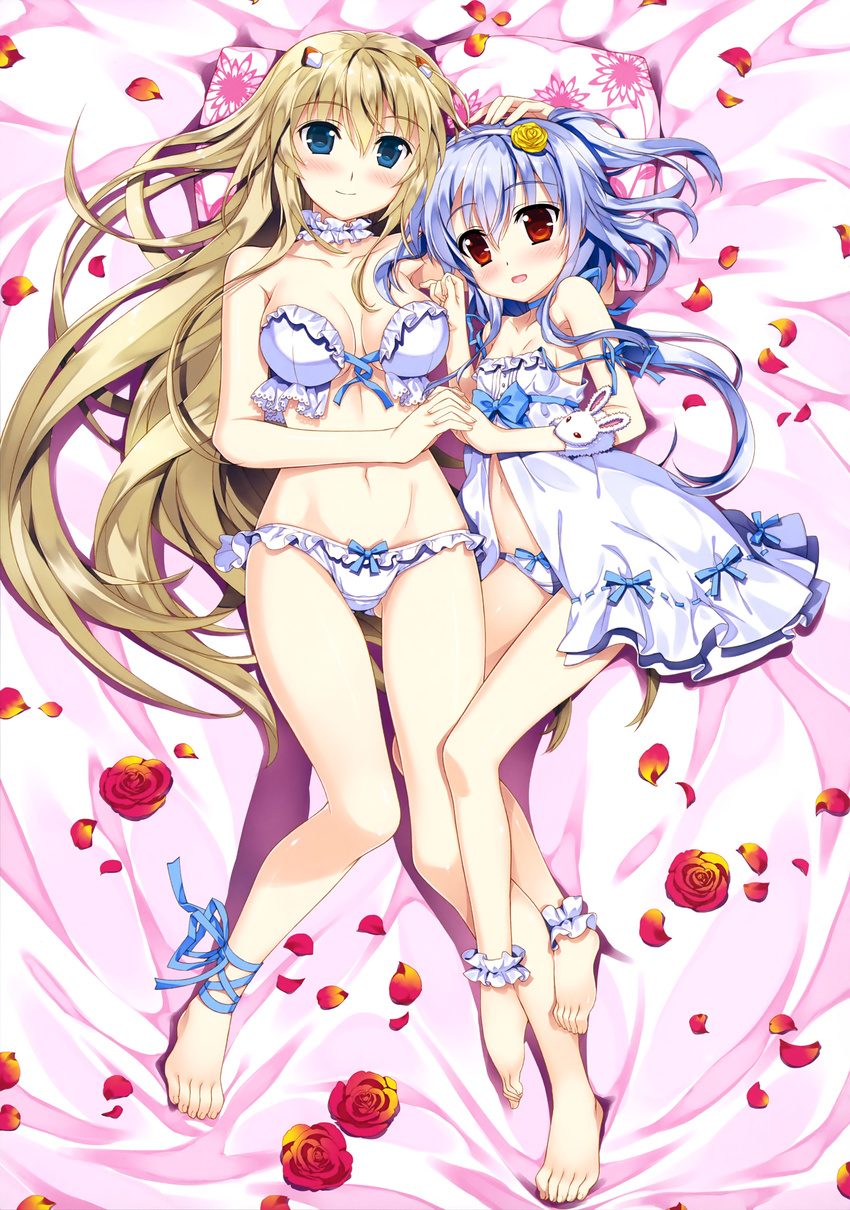 absurdres ankle_cuffs ankle_ribbon babydoll barefoot bed_sheet blonde_hair blue_eyes blue_hair blue_ribbon bra breasts choker cleavage collarbone eyebrows eyebrows_visible_through_hair flower frilled_bra frilled_panties frills from_above front-tie_top fujima_takuya groin hair_flower hair_ornament hairband highres holding_hands interlocked_fingers kagamihara_azumi long_hair looking_at_viewer lying medium_breasts multiple_girls navel on_back open_mouth panties red_flower ribbon rigel_(z/x) scan small_breasts smile strapless strapless_bra underwear underwear_only untied_bra very_long_hair white_background white_hairband white_panties yellow_flower z/x