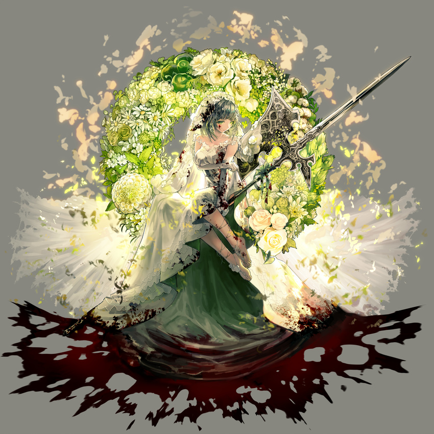 absurdres barefoot blood blood_on_face bloody_clothes bridal_gauntlets bridal_veil bride cover cover_page dress green_dress green_eyes grey_hair halberd highres isekai_goumonhime official_art polearm sitting solo ukai_saki veil weapon wedding_dress wreath