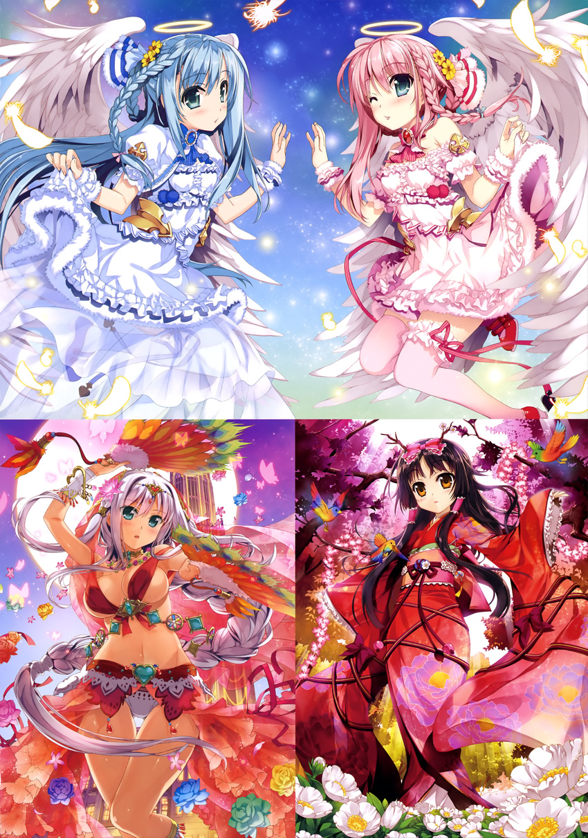 absurdres angel arm_up bird black_hair blue_eyes blue_flower blue_footwear blue_hair blue_ribbon bow braid breasts brown_eyes bug butterfly cleavage dress eyebrows eyebrows_visible_through_hair fan feathered_wings flower forest fujima_takuya green_flower groin hair_bow hair_ribbon highres holding holding_fan insect japanese_clothes kimono large_breasts leg_up long_hair looking_at_viewer moon multiple_girls nature navel pink_bow pink_dress pink_flower pink_hair pink_ribbon purple_flower red_footwear ribbon sash scan see-through shoes silver_hair skirt_hold striped striped_ribbon thighhighs tree very_long_hair white_dress white_flower white_legwear white_wings wings wrist_cuffs yellow_feathers yellow_flower yukata z/x