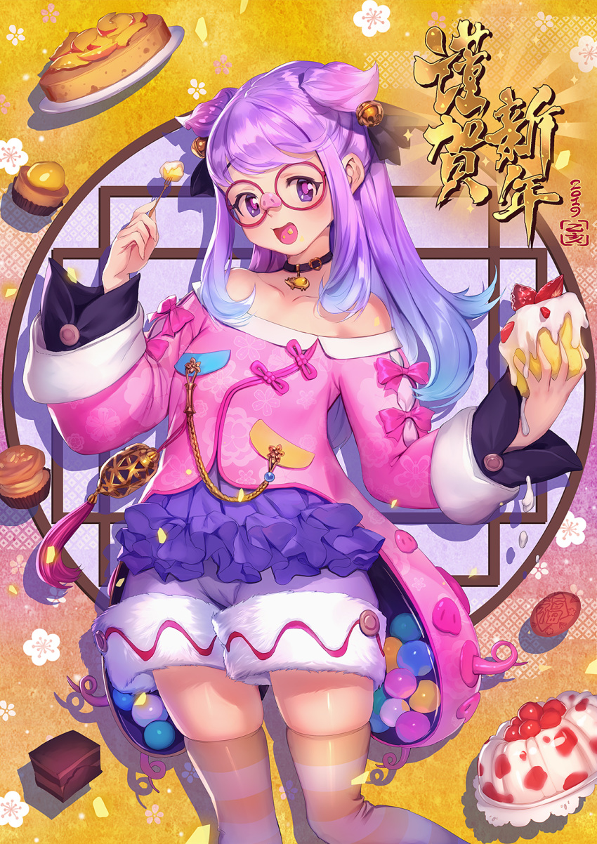 1girl :d bare_shoulders bell black_choker black_ribbon cake chinese_zodiac choker collarbone commentary_request cupcake food food_in_mouth fork fruit glasses hair_ribbon hands_up happy_new_year head_tilt highres holding holding_food holding_fork jingle_bell long_hair long_sleeves looking_at_viewer mhk_(mechamania) new_year off-shoulder_shirt off_shoulder open_mouth original pink_shirt purple_eyes purple_hair red-framed_eyewear ribbon round_eyewear shirt short_shorts shorts sidelocks skindentation sleeves_past_wrists smile solo strawberry striped striped_legwear thighhighs two_side_up white_shorts year_of_the_pig yellow_legwear