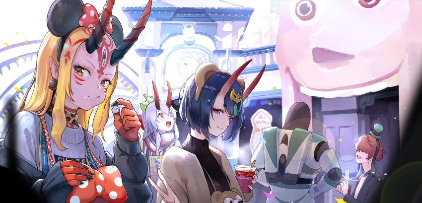 +15 2boys 3girls amusement_park bangs blonde_hair blush bob_cut breasts buzz_lightyear casual character_request coat confetti cup day earrings eating emerald_(gemstone) eyeshadow facial_mark fate/grand_order fate_(series) hair_between_eyes hair_ornament hair_ribbon highres holding holding_cup horns ibaraki_douji_(fate/grand_order) jacket jewelry long_hair looking_at_viewer makeup minnie_mouse_ears multiple_boys multiple_girls oni oni_horns open_clothes open_mouth outdoors pointy_ears ponytail purple_eyes purple_hair red_eyes ribbon scarf sheriff_woody short_hair shuten_douji_(fate/grand_order) sidelocks small_breasts smile sweater tattoo tomoe_gozen_(fate/grand_order) toy_story turtleneck turtleneck_sweater v yellow_eyes