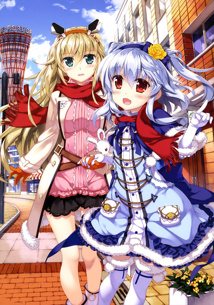 absurdres animal_ears aqua_eyes black_skirt blonde_hair blue_bow blue_ribbon bow breasts bunny_ears capelet cat_tail dress elbow_gloves eyebrows eyebrows_visible_through_hair flower fujima_takuya gloves hair_between_eyes hair_flower hair_ornament hairband highres holding_hands index_finger_raised interlocked_fingers kagamihara_azumi long_hair looking_at_viewer lying medium_breasts multiple_girls neck_ribbon on_side open_mouth orange_gloves orange_hairband outdoors pink_shirt red_eyes red_scarf ribbon rigel_(z/x) road scan scarf shared_scarf shirt silver_hair skirt street tail thighhighs white_gloves white_legwear yellow_flower z/x