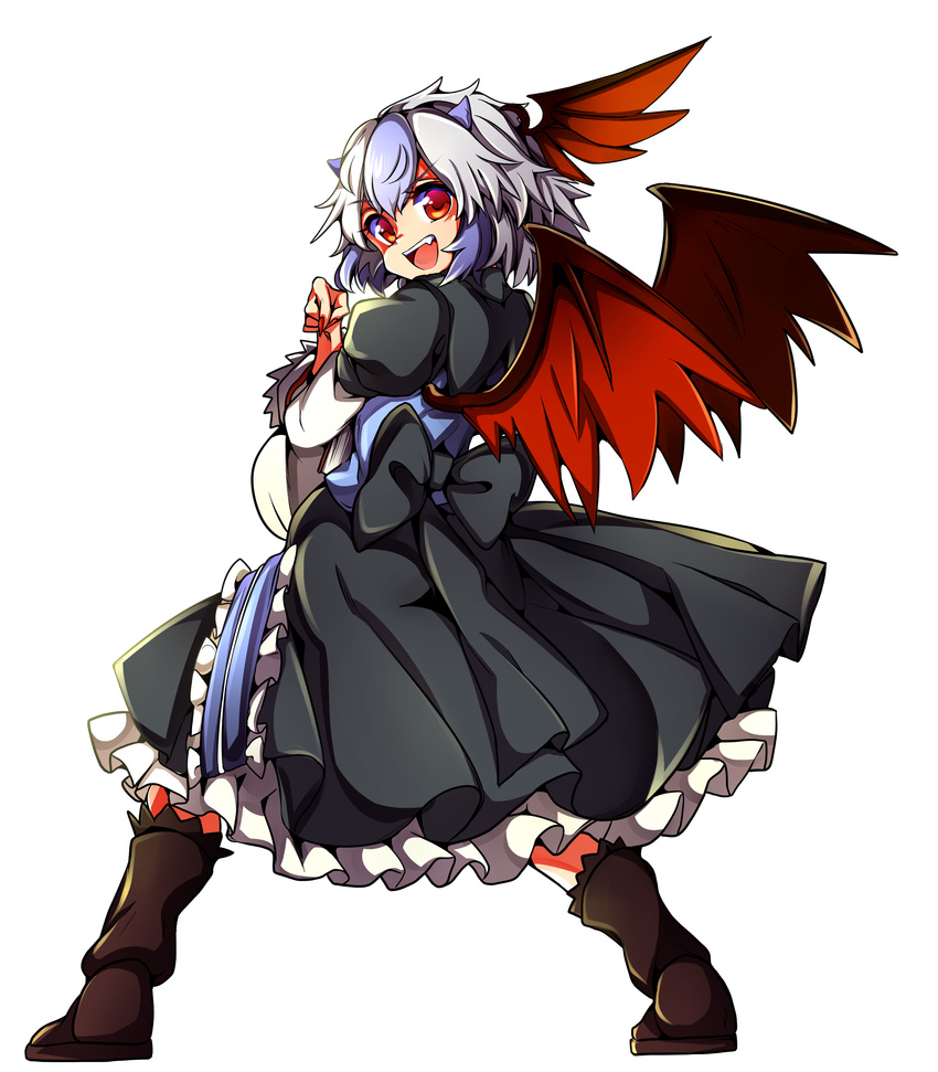 :d absurdres animal_ears baba_(baba_seimaijo) bird_wings black_dress blue_hair boots brown_footwear commentary_request dress fang fingernails frilled_dress frilled_sleeves frills from_behind full_body head_wings highres juliet_sleeves long_sleeves looking_at_viewer looking_back multicolored_hair nail_polish open_mouth petticoat puffy_sleeves red_nails red_wings sharp_fingernails silver_hair smile solo tachi-e tokiko_(touhou) touhou transparent_background two-tone_hair v-shaped_eyebrows wings