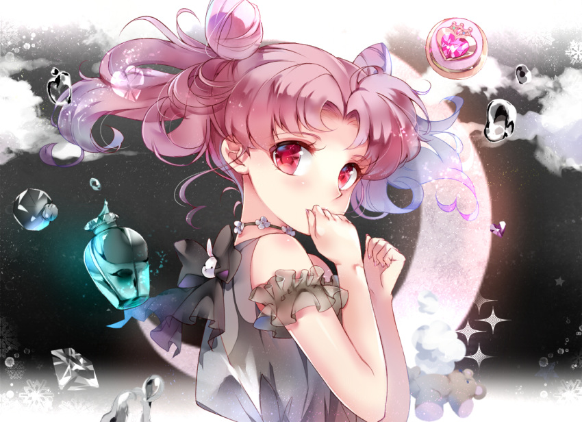 1girl bangs bare_arms bare_shoulders bishoujo_senshi_sailor_moon black_bow blush bow brown_dress chibi_usa cloud cloudy_sky commentary_request covered_mouth crescent_moon double_bun dress eyebrows_visible_through_hair fingernails gem hands_up looking_at_viewer looking_to_the_side moon night night_sky red_eyes red_hair see-through sky sleeveless sleeveless_dress solo star_(sky) starry_sky tukino_(panna) twintails upper_body