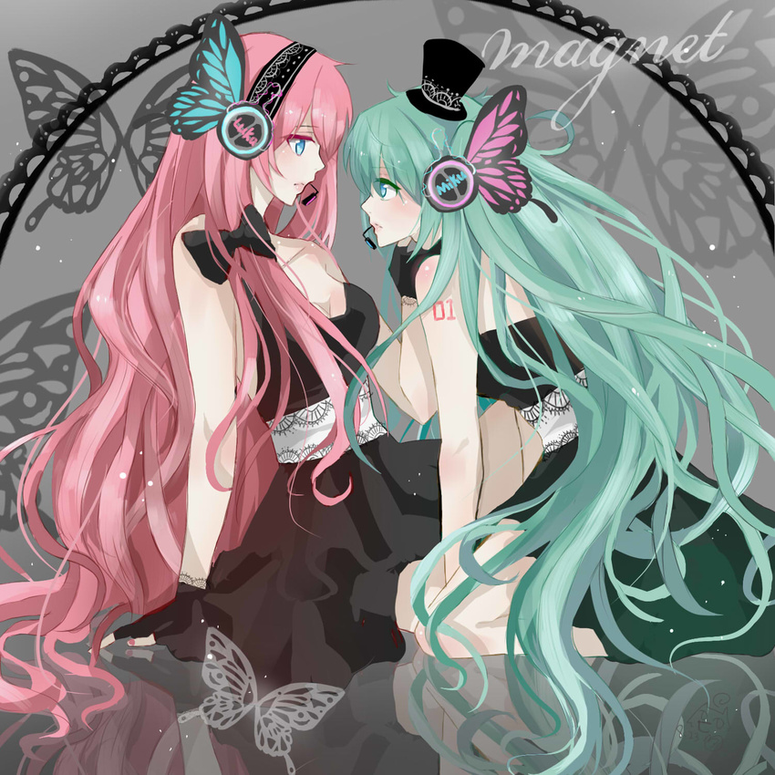 akira_(ying) black_dress black_gloves blue_eyes blue_hair breasts bug butterfly cleavage dress eye_contact fingerless_gloves fingernails gloves hatsune_miku highres insect long_hair looking_at_another magnet_(vocaloid) medium_breasts megurine_luka multiple_girls pink_hair very_long_hair vocaloid