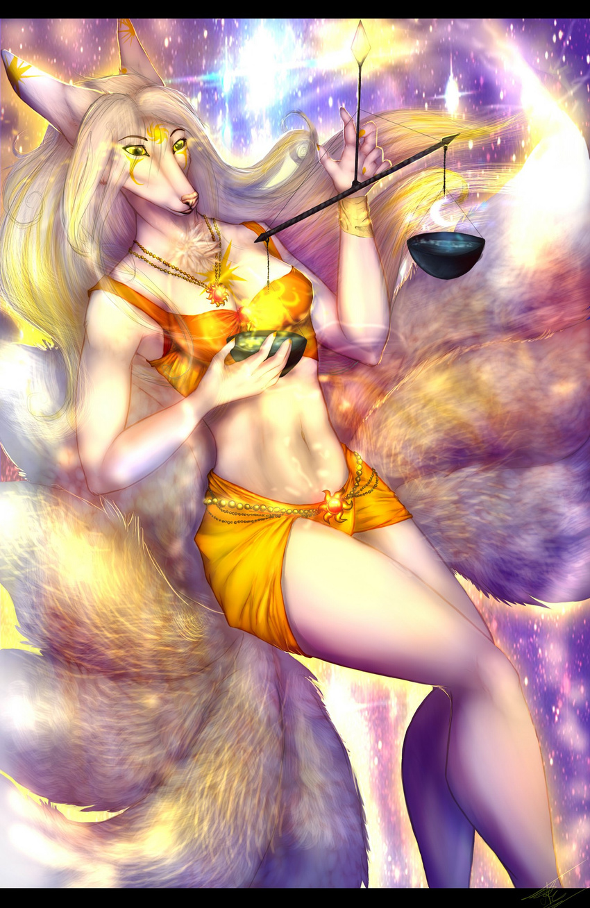 5_fingers araivis-edelveys black_bars breasts canine dog female fluffy fluffy_tail fur hair mammal midriff multi_tail navel pink_nose solo white_fur white_hair wide_hips yellow_eyes