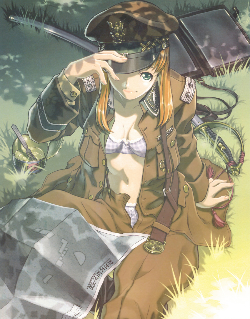 absurdres arm_support bag belt bra breasts brown_hair buttons can cleavage emblem fork from_above grass green_eyes hand_on_headwear hat highres hiroe_rei jacket long_hair long_sleeves looking_at_viewer map medium_breasts military military_hat military_uniform navel on_ground open_clothes open_fly open_jacket orange_hair original outdoors panties peaked_cap purple_bra purple_panties sam_browne_belt satchel scabbard sheath sheathed sitting smile solo sword tassel unbuckled_belt unbuttoned underwear uniform weapon