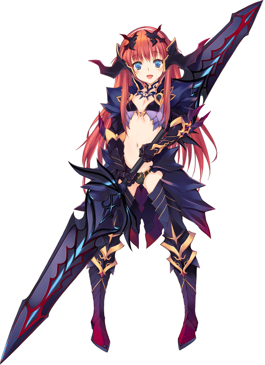 alisia_heart aquaplus armor armored_boots bikini bikini_armor black_armor blue_eyes boots dungeon_travelers_2 flat_chest full_body greaves highres holding holding_weapon horns huge_weapon kawata_hisashi long_hair looking_at_viewer navel official_art open_mouth red_hair solo swimsuit transparent_background weapon