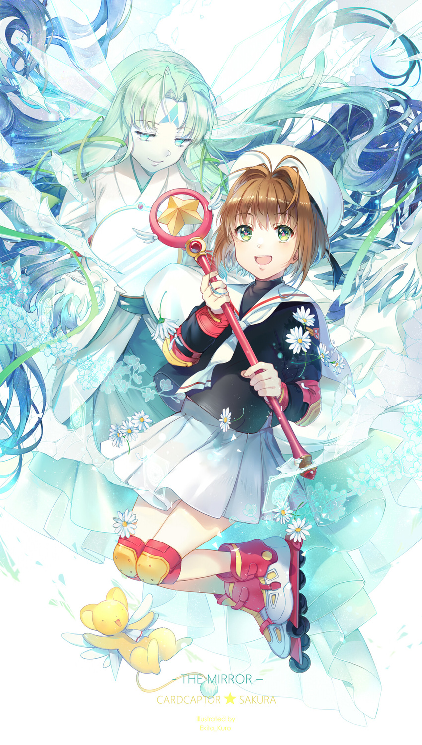 :d angel_wings blush brown_hair cardcaptor_sakura ekita_xuan elbow_pads green_eyes hat highres hoshi_no_tsue kero kinomoto_sakura knee_pads long_hair mirror_(clow_card) open_mouth pointy_ears roller_skates school_uniform skates skirt smile stick stuffed_toy tomoeda_elementary_school_uniform wings