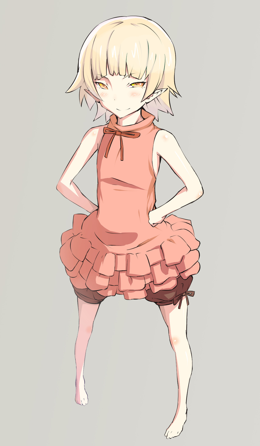 1girl bare_legs barefoot blonde_hair bloomers commentary_request dress feet full_body grey_background hands_on_own_hips highres legs legs_apart monogatari_(series) oshino_shinobu pointy_ears rose22 short_hair simple_background sleeveless smug solo standing underwear yellow_eyes