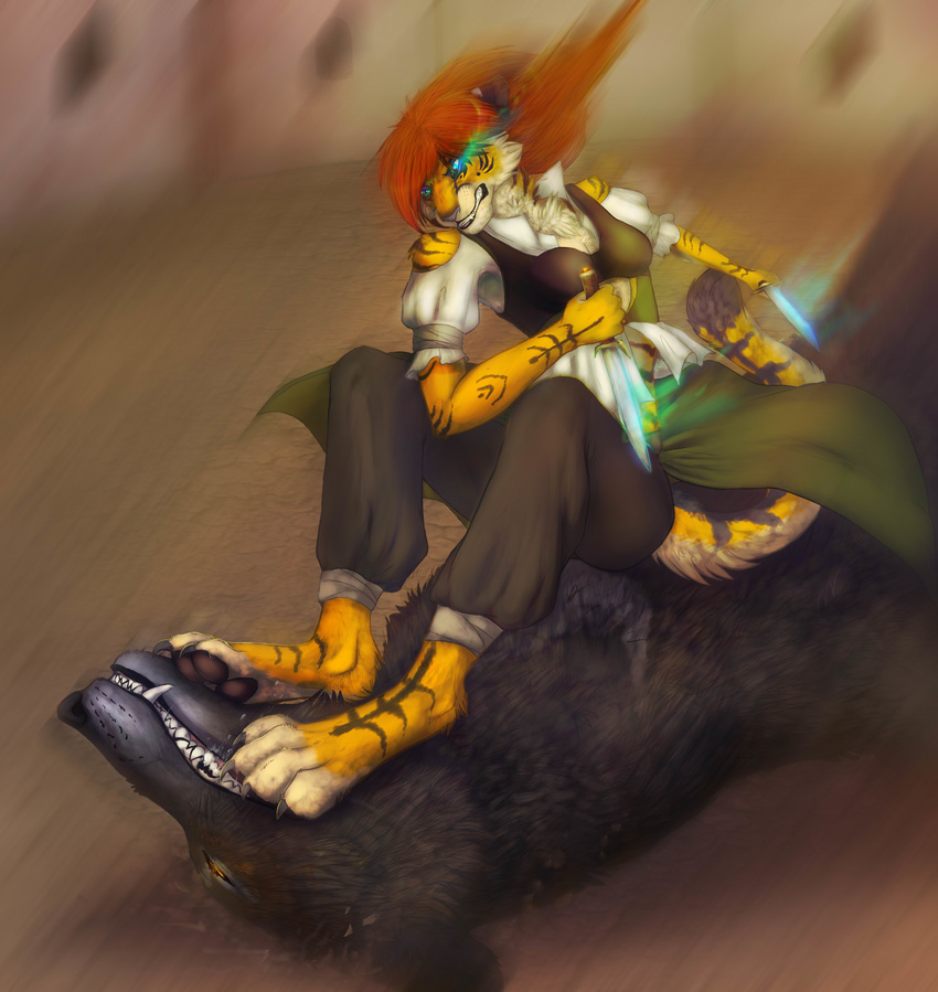 4_toes anthro araivis-edelveys barefoot black_fur black_lips black_nose blue_eyes blurred_background brown_hair canine clothed clothing digitigrade duo feline female feral fur hair hybrid liger mammal orange_fur teeth tigers toes wolf yellow_fur