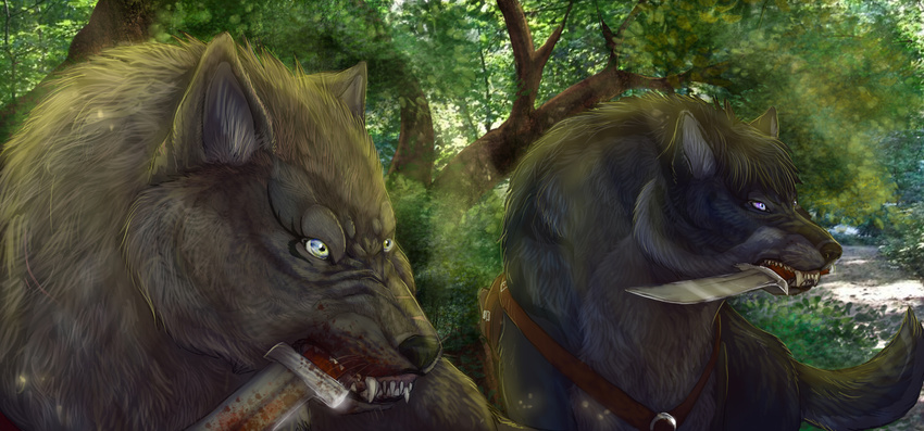 araivis-edelveys black_hair black_lips black_nose blood canine day detailed_background duo feral hair holding_object holding_weapon knife male mammal outside pale_eyes sunlight teeth tree weapon white_eyes wold wolf