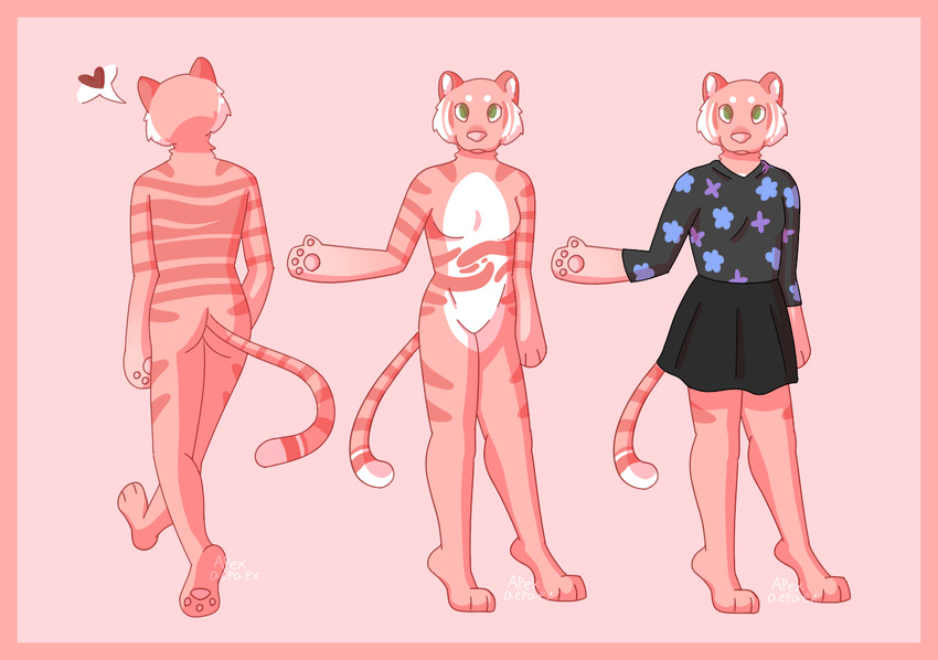 &lt;3 2015 anthro apex_(artist) apex_(character) breasts clothing feline female fur mammal model_sheet nude pink_background pink_fur simple_background skirt stripes tiger