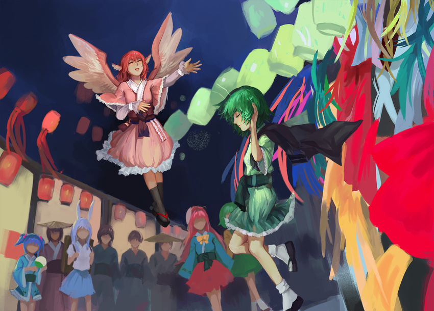 animal_ears antennae backpack bag bird_wings black_cape black_legwear blue_dress blue_hair blue_skirt bow cape dress faceless green_dress green_hair hata_no_kokoro highres japanese_clothes jiliang_ji_ying kawashiro_nitori kimono komeiji_koishi lantern long_hair long_sleeves moon_rabbit multiple_girls music mystia_lorelei obi paper_lantern people pink_dress pink_hair reisen_udongein_inaba sandals sash short_hair short_sleeves singing skirt socks touhou white_legwear wings wriggle_nightbug yellow_bow