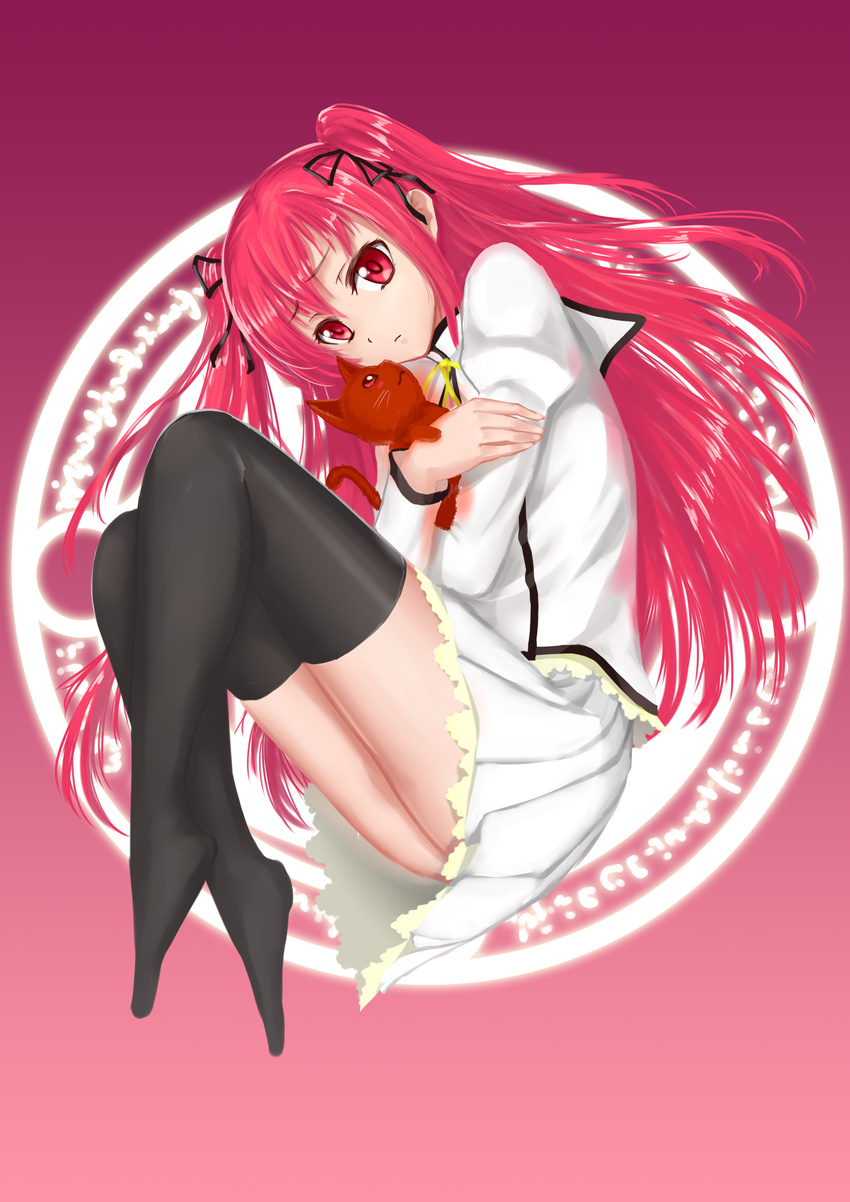 absurdres black_legwear black_ribbon cat ccjn claire_rouge hair_ribbon highres long_hair no_shoes pleated_skirt red_eyes red_hair ribbon seirei_tsukai_no_blade_dance skirt solo thighhighs twintails two_side_up white_skirt