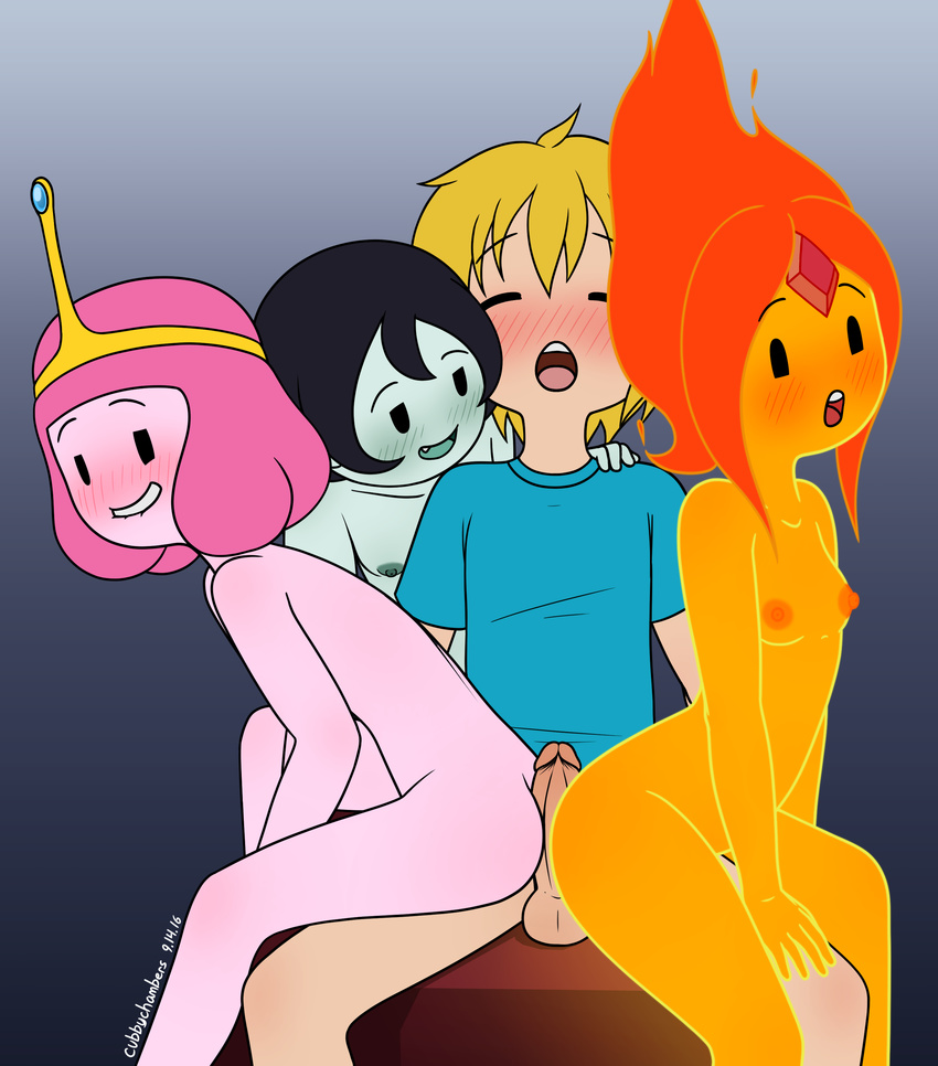 adventure_time balls blonde_hair blush breasts cartoon_network child clothing cubby_chambers elemental english_text female finn_the_human fire flame_princess hair human male male/female mammal marceline not_furry open_mouth penis princess_bubblegum text vampire young