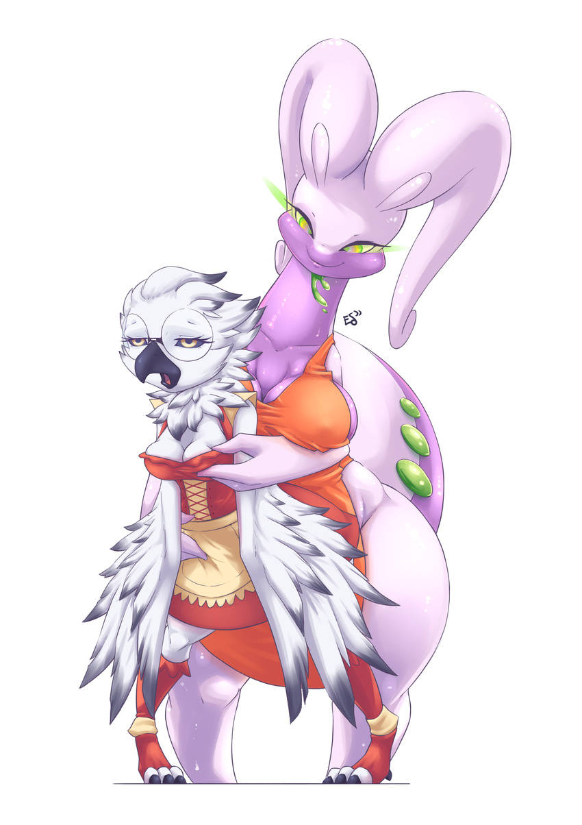 2016 amelia_abernachy anthro apron avian beak bird black_feathers black_sclera breast_grab breasts clothed clothing echoseed_(artist) eyewear feathered_wings feathers female glasses goodra grope hand_on_breast hi_res hypnosis maid_uniform mind_control nintendo open_mouth owl pok&eacute;mon simple_background slightly_chubby smile spiral_eyes uniform video_games white_feathers wings