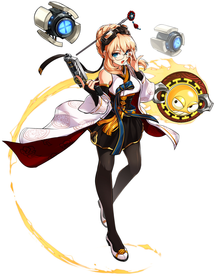 absurdres adjusting_eyewear aqua_eyes bare_shoulders belt black_skirt blonde_hair blue_ribbon bridal_gauntlets cape clenched_teeth detached_sleeves dress elsword eyebrows female_gunner_(dungeon_and_fighter) fire flame full_body glasses goggles goggles_on_head gun hair_intakes hair_net hair_ornament handgun high_heels highres holding holding_gun holding_weapon jewelry looking_at_viewer metal_heart_(elsword) official_art open_mouth pantyhose pet pistol ress ribbon ring robot rose_(elsword) shoes skirt solo standing teeth transparent_background weapon wide_sleeves zero_(elsword)