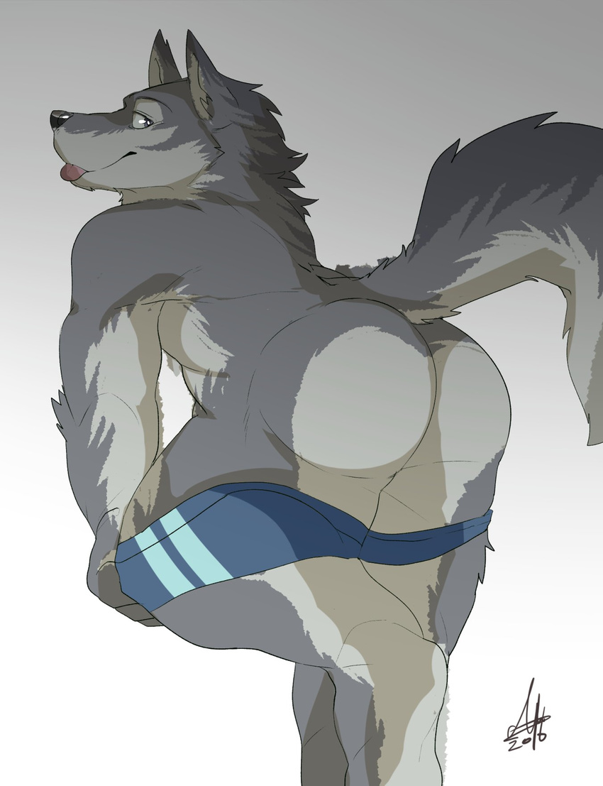 abs anthro butt canine clothed clothing ginnosuke grey_background looking_at_viewer male mammal mooning muscular pants_down partially_clothed pecs presenting presenting_hindquarters rear_view simple_background solo teasing tongue tongue_out
