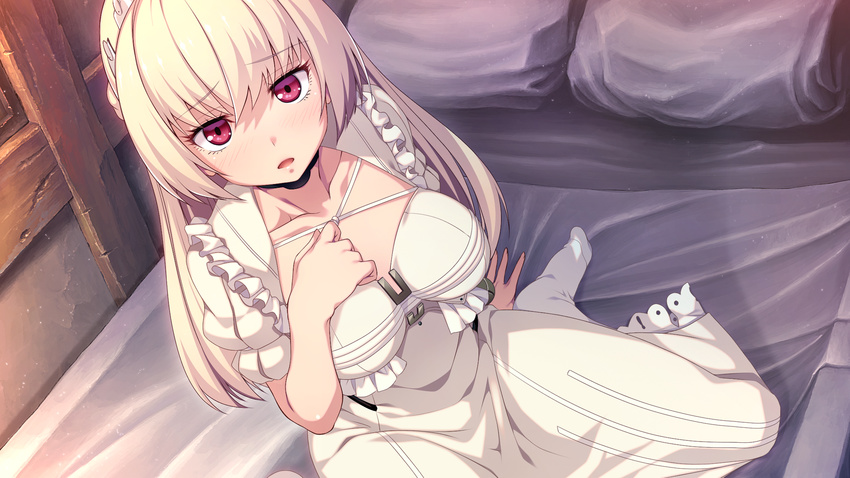 1girl absurdres bed blonde_hair blush breasts collarbone dress eyebrows eyebrows_visible_through_hair game_cg hand_on_chest highres indoors large_breasts long_hair looking_at_viewer no_shoes parted_lips pillow red_eyes ryakudatsusha_no_inen sakyuuan sitting socks solo white_dress