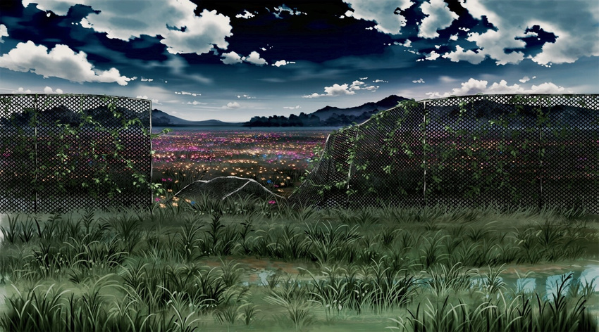 broken_fence chain-link_fence cloud cloudy_sky commentary_request day fence field flower flower_field grass horizon meadow mitsu_ura mountain mountainous_horizon no_humans outdoors pond ruins scenery sky water