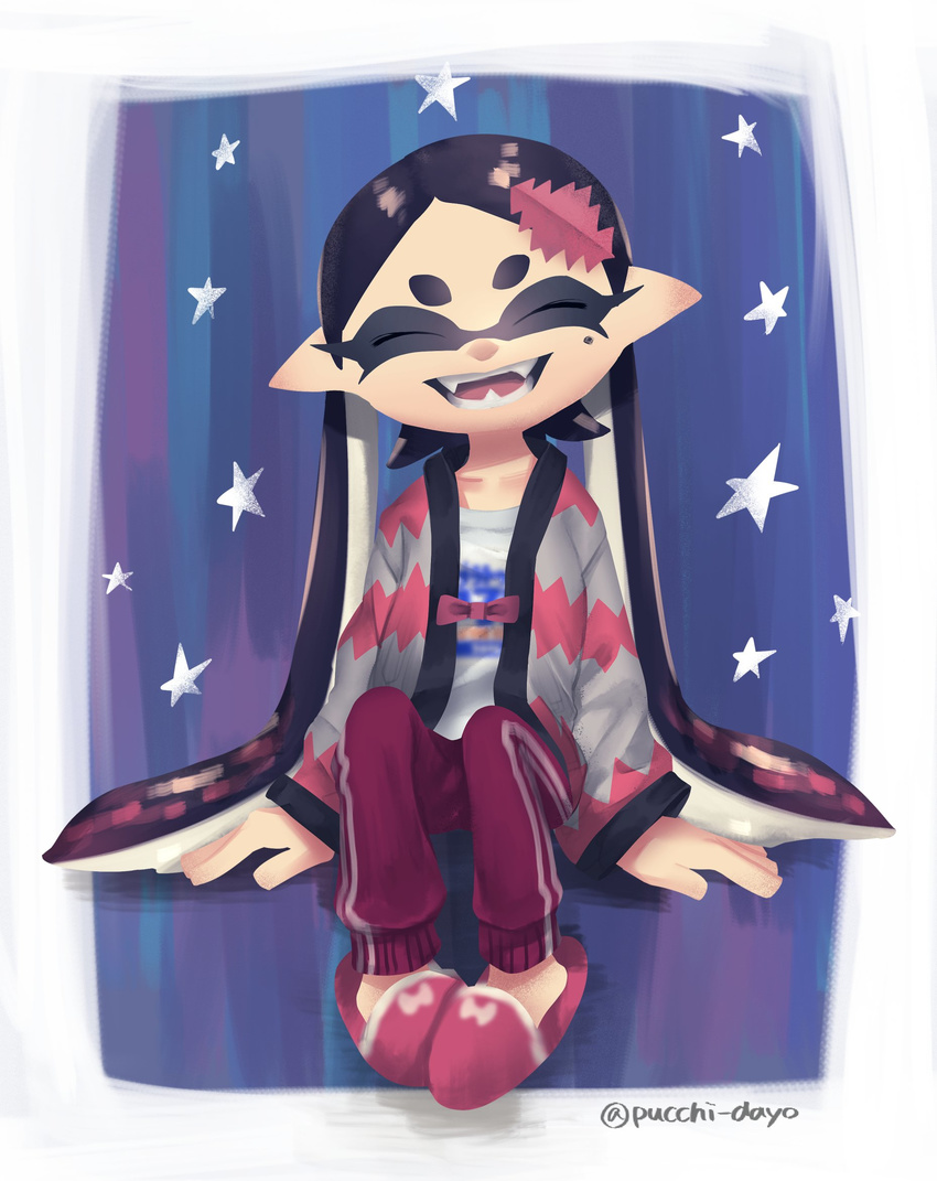 aori_(splatoon) black_hair closed_eyes commentary_request domino_mask fangs hair_ornament highres jacket long_hair mask mole mole_under_eye pants puchiman shirt slippers smile solo splatoon_(series) splatoon_1 t-shirt tentacle_hair track_jacket track_pants very_long_hair