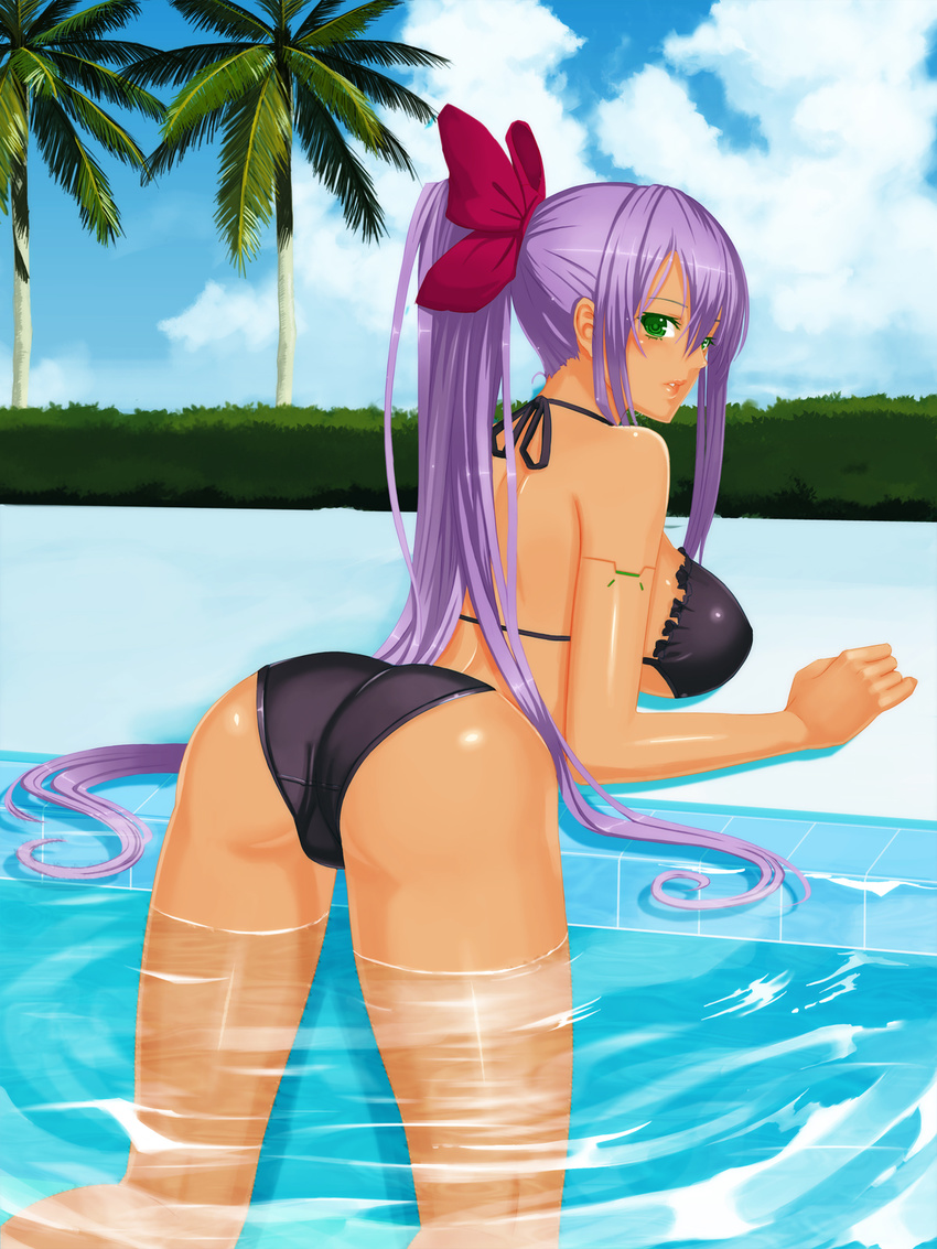 ass bikini black_bikini border_break borrowed_character bow breasts cloud commentary_request damegane dark_skin day green_eyes hair_bow highres kong_(kumabukuro) large_breasts lips looking_at_viewer looking_back palm_tree parted_lips personification ponytail pool solo swimsuit tree water