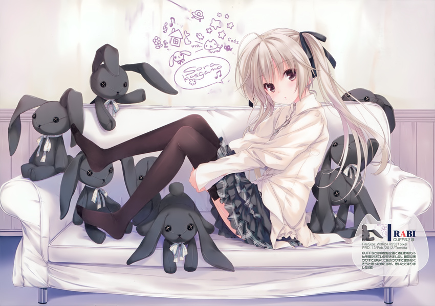:o ahoge alternate_legwear beamed_eighth_notes black_legwear black_ribbon blush brown_eyes cat character_name collared_shirt couch cross cross_necklace eighth_note english frilled_skirt frills from_side full_body hair_ribbon head_tilt highres huge_ahoge jewelry kasugano_sora leg_hug long_hair long_legs looking_at_viewer musical_note necklace no_shoes ohara_tometa parted_lips plaid plaid_skirt pleated_skirt qp:flapper ribbon scan shirt silver_hair sitting skirt sleeves_past_wrists solo speech_bubble spoken_musical_note stuffed_animal stuffed_bunny stuffed_toy thighhighs treble_clef wainscoting white_shirt wing_collar yosuga_no_sora