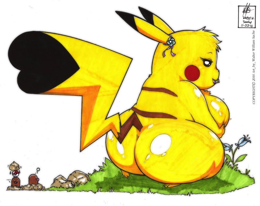 big_breasts big_butt black_fur breasts brown_fur butt condom condom_in_mouth diglet feet female flower fur grass invalid_tag lips lipsstick looking_at_viewer nintendo pikachu plant pointy_ears pok&eacute;ball pok&eacute;mon ribbons rock smile video_games walter_sache wide_hips yellow_fur