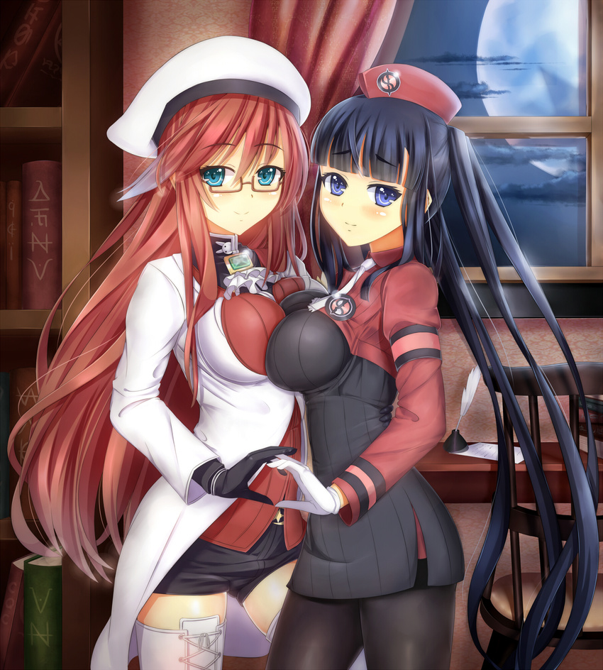aty_(summon_night) black_gloves black_hair black_legwear black_shorts blue_eyes boots breast_press breasts brown_hair cafeore cross-laced_footwear eyebrows eyebrows_visible_through_hair glasses gloves hat highres indoors lace-up_boots long_hair looking_at_viewer medium_breasts moon multiple_girls night pantyhose ribbed_sweater short_shorts shorts smile summon_night summon_night_5 sweater symmetrical_docking thigh_boots thighhighs very_long_hair white_footwear white_gloves white_legwear yeng-hua