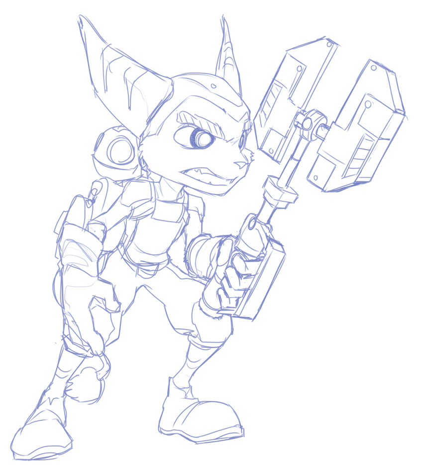 furry highres nachonachoz ratchet_&amp;_clank robot sketch solo wrench